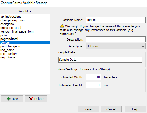 The variable storage dialog. The p o num variable is selected from the list on the left. On the right, you can set the variable name, description, and data type. You can also set the row height and the width in number of characters.